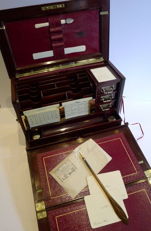 fig 1. Antique English Brass Mounted Mahogany Writing Box / Stationery Cabinet c.1890