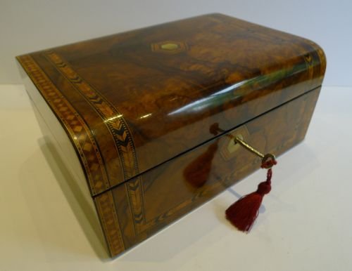Antique English Burl Walnut & Tunbridge Inlaid Jewelry / Table Box C.1860