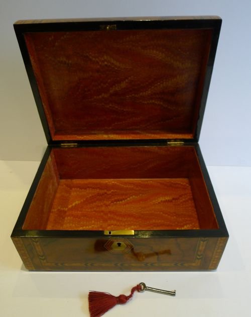 fig 1. Antique English Burl Walnut & Tunbridge Inlaid Jewelry / Table Box c.1860