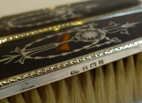 fig 1. Pair English Sterling Silver & Tortoise Shell Clothes Brushes; Pique Inlay - 1913