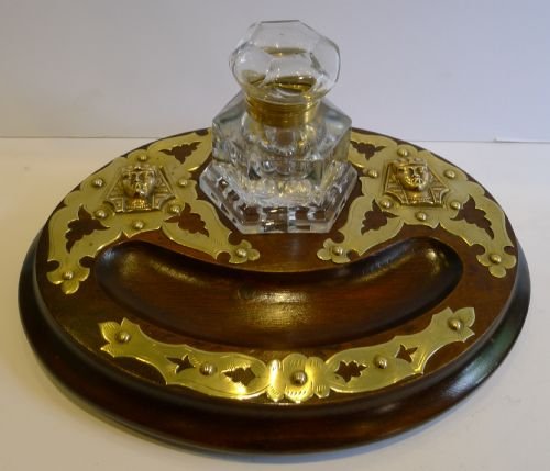 Antique English Inkstand / Inkwell - Egyptian Revival Brass Mounts C.1870
