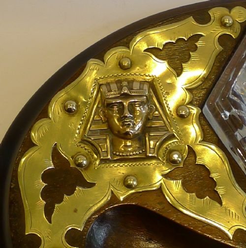 fig 1. Antique English Inkstand / Inkwell - Egyptian Revival Brass Mounts c.1870