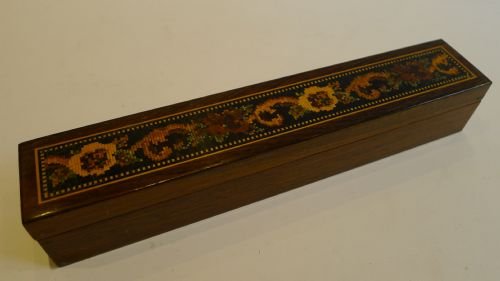Unusual Antique English Rosewood & Tunbridge Ware Pen Box C.1870