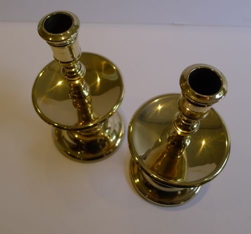 fig 1. Handsome Pair Antique English Brass Candlesticks With Large Drip Pans c.1880