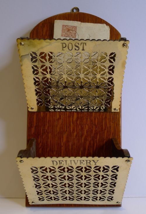 Antique English Oak and Brass Post and Delivery Letter Caddy C.1890