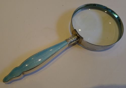 Antique English Sterling Silver Handled Magnifying Glass with Guilloche Enamel - 1907