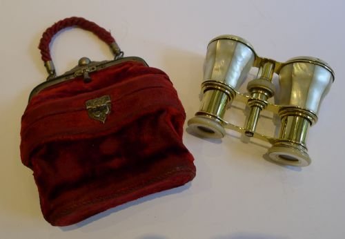 Unusual Antique French Mother of Pearl Opera Glasses in Original Evening Bag C.1900
