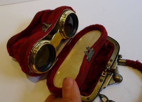 fig 1. Unusual Antique French Mother of Pearl Opera Glasses in Original Evening Bag c.1900