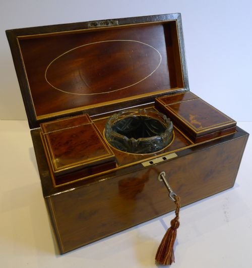 Georgian Burr Yew Double Cannister Tea Caddy with Cut Crystal Mixing Bowl C.1820