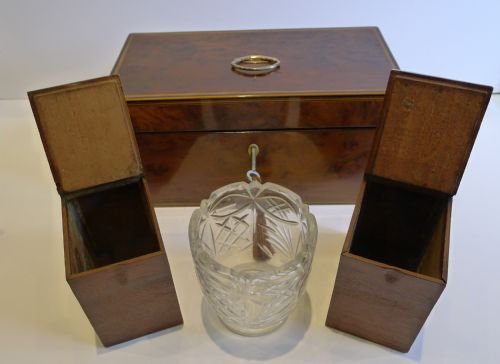 fig 1. Georgian Burr Yew Double Cannister Tea Caddy With Cut Crystal Mixing Bowl c.1820
