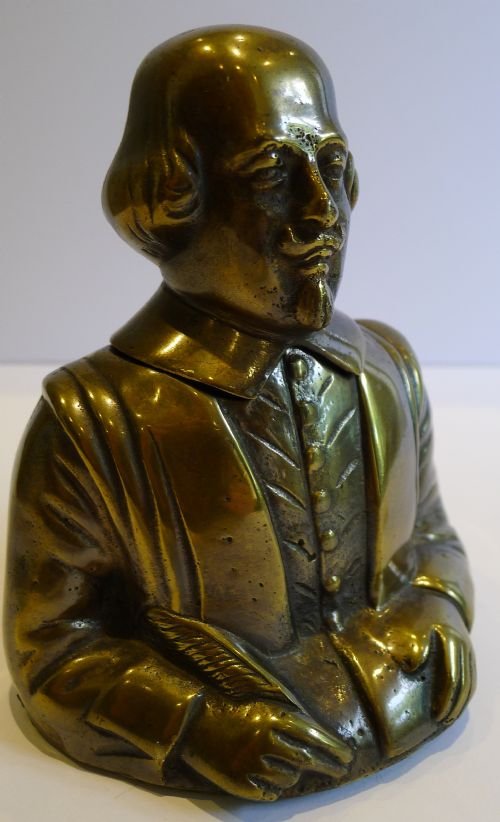 English Figural Brass Inkwell - William Shakespeare - C.1925