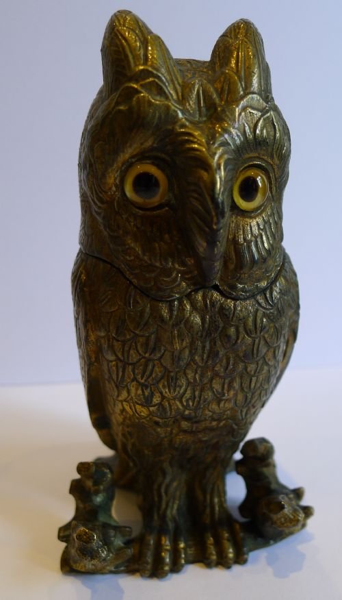 Fabulous Antique Figural Inkwell - Cast Brass or Bronze Owl with Glass Eyes C.1890