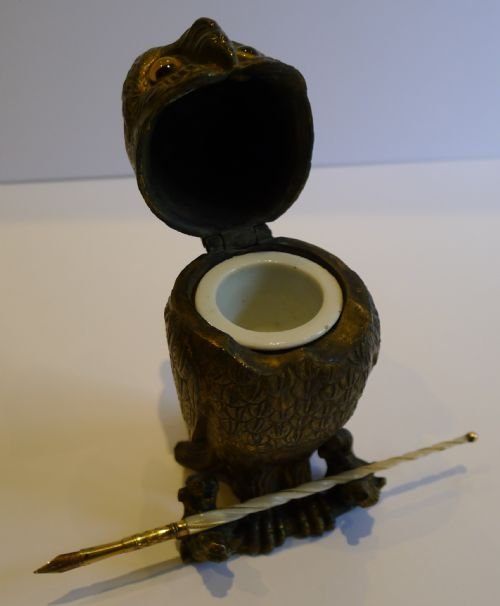 fig 1. Fabulous Antique Figural Inkwell - Cast Brass or Bronze Owl With Glass Eyes c.1890