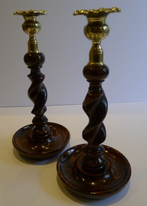 Handsome Pair Solid 10" Oak Barley Twist Candlesticks - Brass Thistle Tops