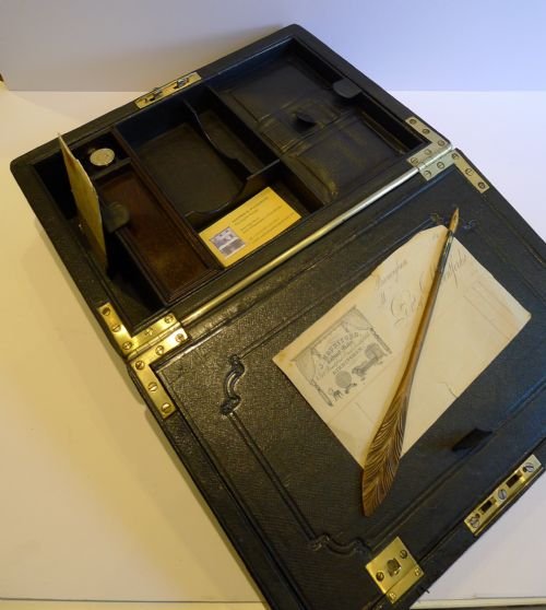 Handsome Large English Black Leather Writing Box / Slope / Lap Desk C.1890