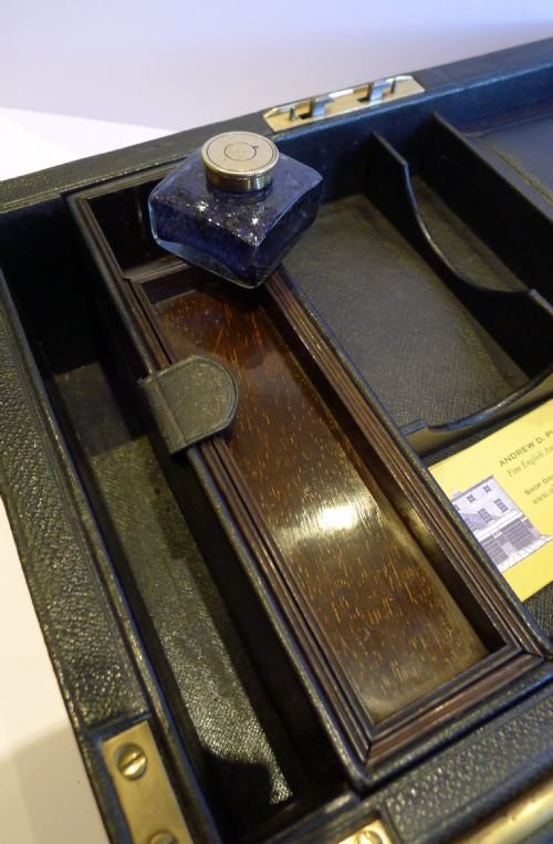 fig 1. Handsome Large English Black Leather Writing Box / Slope / Lap Desk c.1890