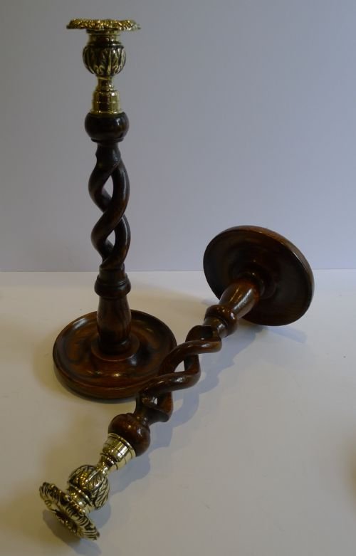 Pair Antique English Oak Open Barley Twist Candlesticks - Brass Thistle Tops