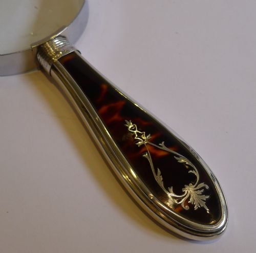 English Tortoise Shell & Sterling Silver Handled Magnifying Glass - Pique Inlay