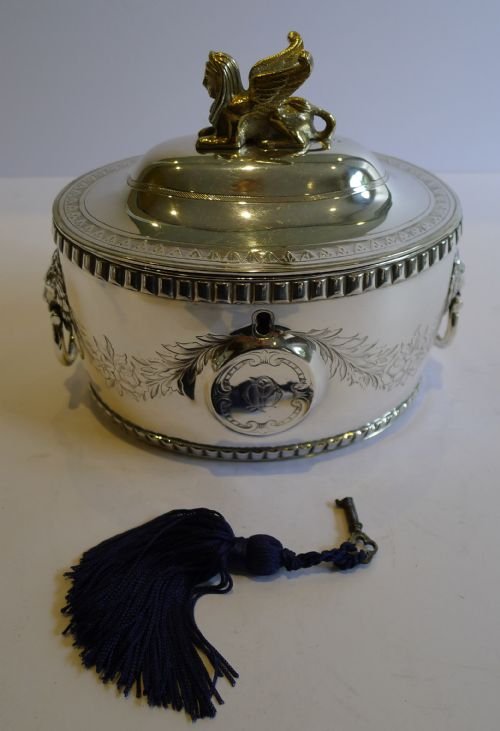 Antique Silver Plated Tea Caddy - Lion Handles - Gilded Sphinx Finial C.1860