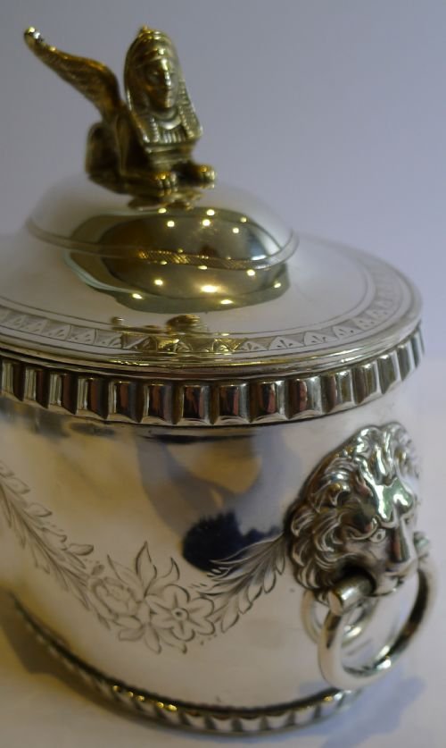 fig 1. Antique Silver Plated Tea Caddy - Lion Handles - Gilded Sphinx Finial c.1860