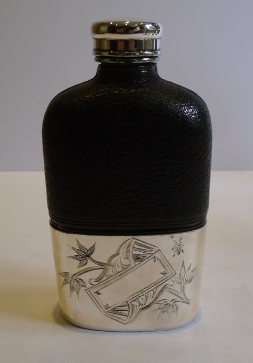 Antique English Aesthetic Movement Silver Plate & Leather Hip or Liquor Flask C.1890
