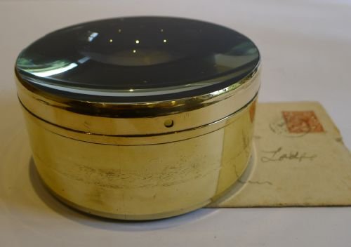 fig 1. Large English Antique Brass Desk Magnifying Glass / Paperweight c.1910