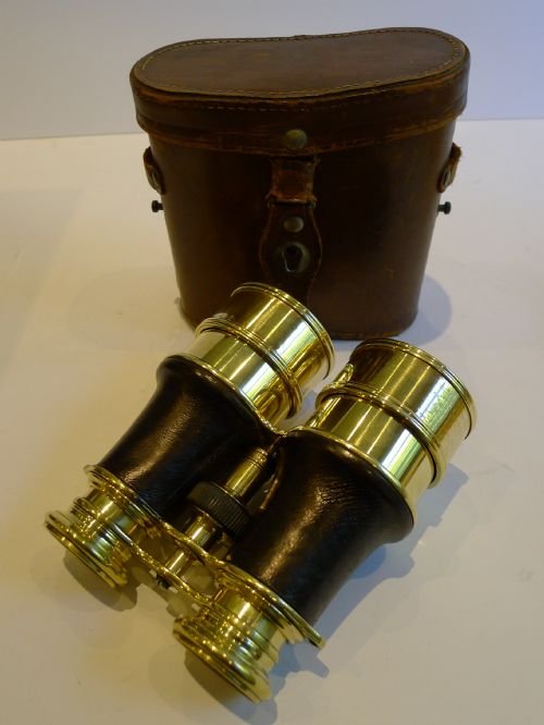 Antique French Brass & Leather Binoculars Signed Societe Des Lunetieres, Paris