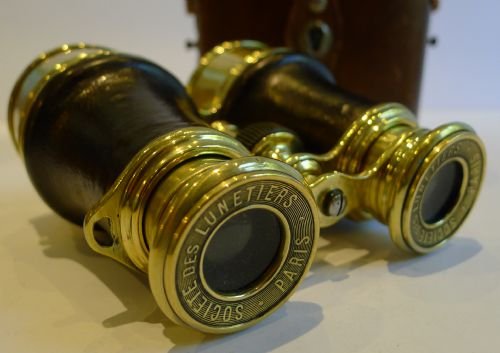 fig 1. Antique French Brass & Leather Binoculars Signed Societe des Lunetieres, Paris