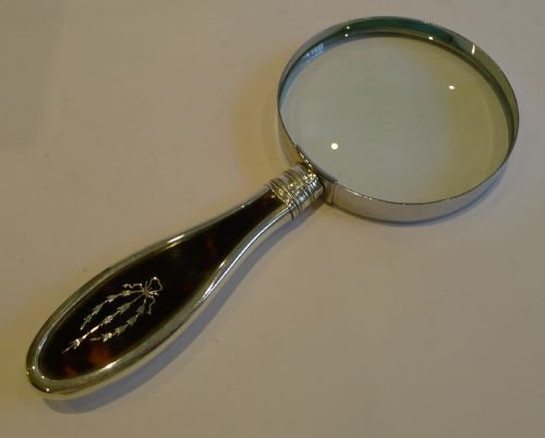 English Tortoise Shell & Sterling Silver Handled Magnifying Glass - Pique Inlay