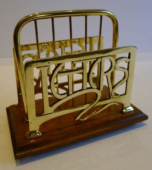 Magnificent Antique English Oak & Brass Letter Rack or Holder - Art Nouveau - Signed