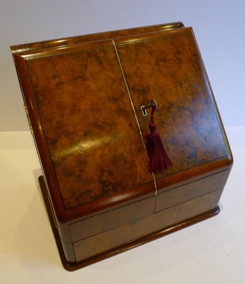 fig 1. Handsome English Victorian Stationery / Writing Box In Burr Walnut c.1890