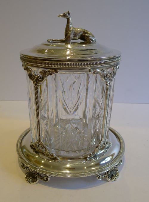 A Stunning Cut Crystal & Silver Plated Biscuit Box - Greyhound - English Registration Mark for 1865