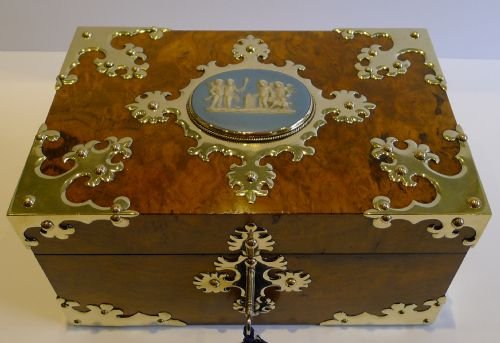 Stunning Antique English Brass Mounted Walnut Jewellery Box - Jasperware Plaque, C.1860