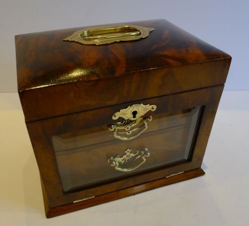 Antique English Walnut Jewellery Box with Glazed Fall-front C.1900