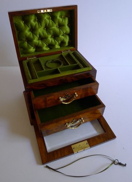 fig 1. Antique English Walnut Jewellery Box With Glazed Fall-Front c.1900