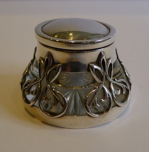 Antique English Sterling Silver & Glass Art Nouveau Inkwell - 1903