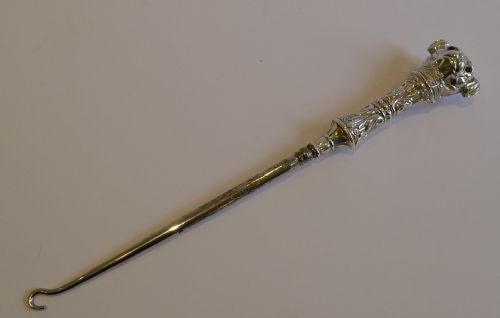 fig 1. Antique Sterling Silver Figural Button Hook - Dog - Pug With Original Glass Eyes, 1906