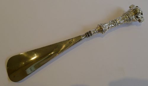 Antique Sterling Silver Figural Shoe Horn - Dog - Pug with Original Glass Eyes, 1907