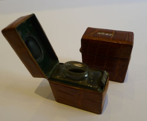 Matching Antique English Travel Inkwell & Vesta in Crocodile / Alligator C.1890