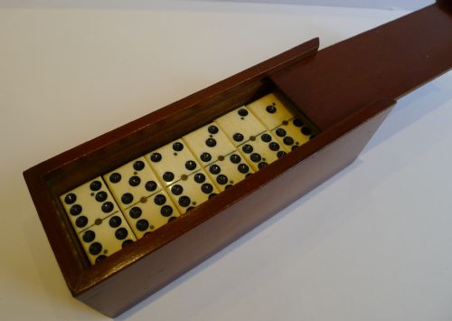 Antique English Boxed Set Bone & Ebony Wood Dominoes C.1890