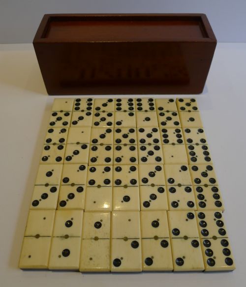 fig 1. Antique English Boxed Set Bone & Ebony Wood Dominoes c.1890