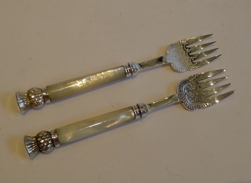 Pair Small Unusual Antique English Silver Plate & Mother of Pearl Serving Forks - Thistle Terminals