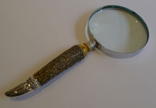 Antique English Antler Horn & Sterling Silver Magnifying Glass