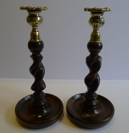 Handsome Pair Solid Oak Barley Twist Candlesticks - Brass Thistle Tops