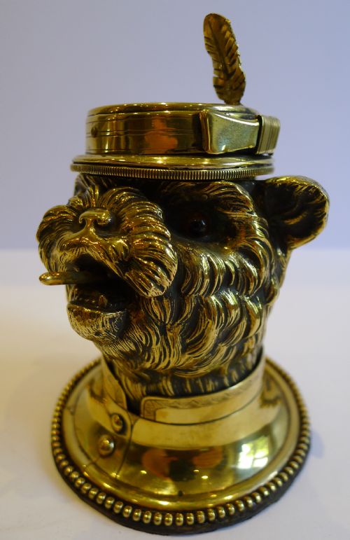Charming Antique English Brass Figural Inkwell - Dog, C.1880