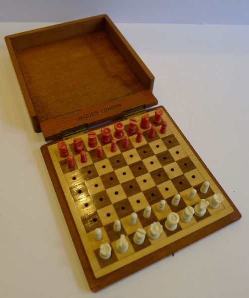 Antique Mahogany Cased Travel Chess Set Signed Jaques, London C.1910