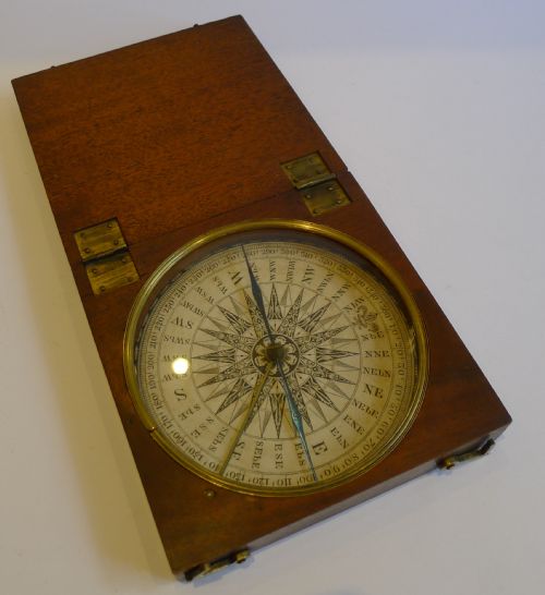 Large English Georgian Desk Compass C.1790 in Mahogany Case