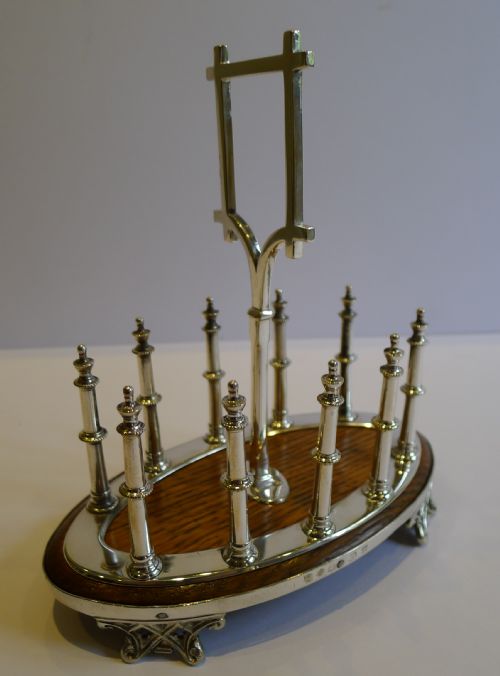 Antique English Solid Oak & Silver Plated Toast Rack or Letter Holder
