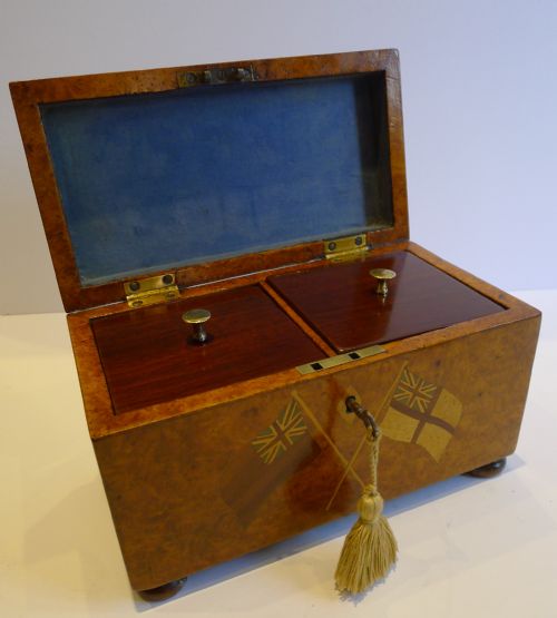fig 1. Magnificent Antique Trinity House Tea Caddy In Amboyna c.1880