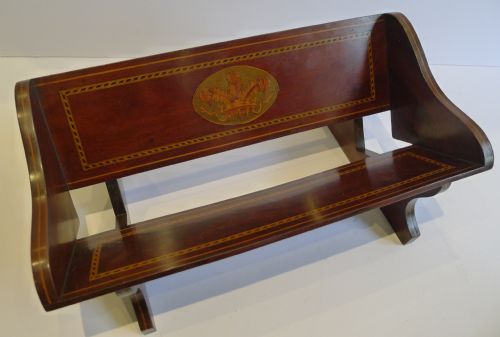 Antique English Inlaid Mahogany Book Trough / Shelf - Prince of Wales Feathers Inlay C.1900